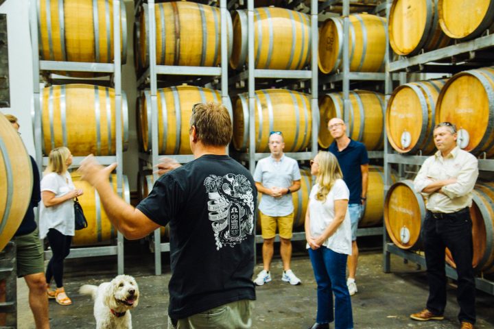 Man speaking to group in room of wine barrels