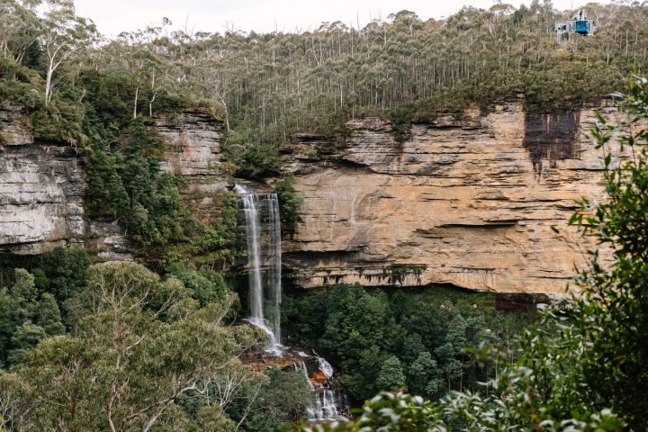 Waterfall cascading down a cliff surrounded by dense forest and trees.