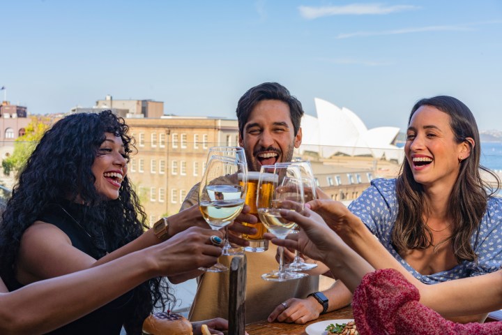 Group of friends toasting with drinks on a sunny rooftop, city skyline in the background.