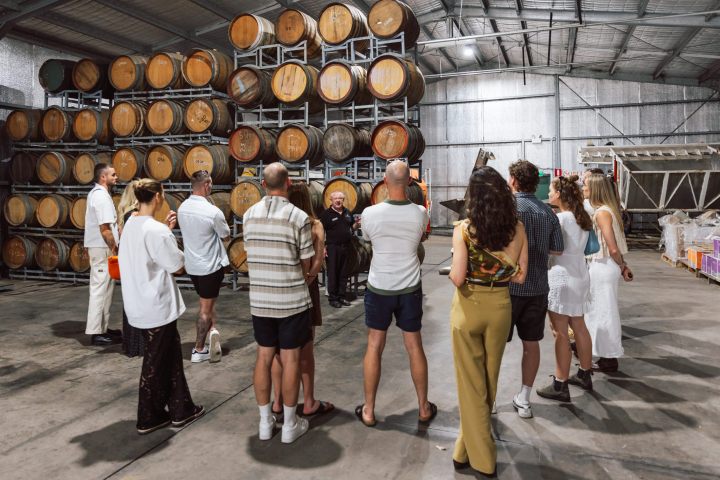 Group of people in winery cellar with wine barrels.