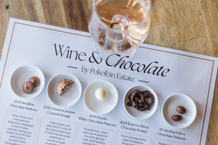Wine glass and five chocolate samples on a tasting menu.
