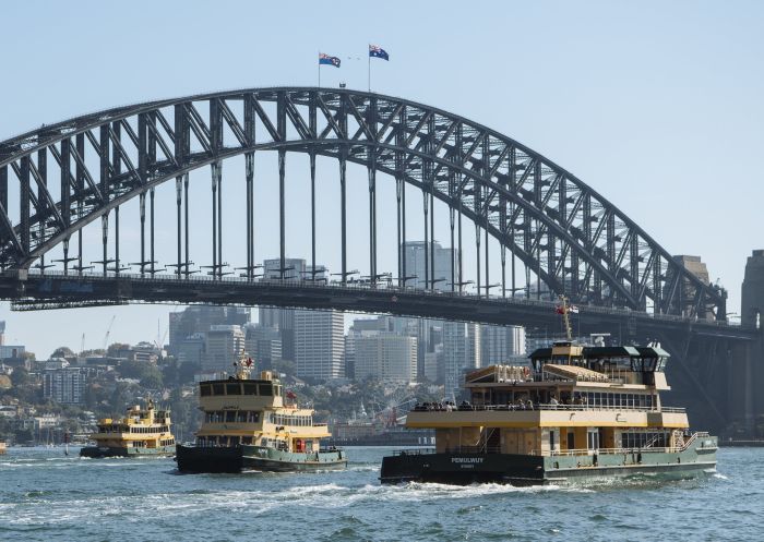 Sydney ferries in front of the Harbour Bridge on a sunny day.